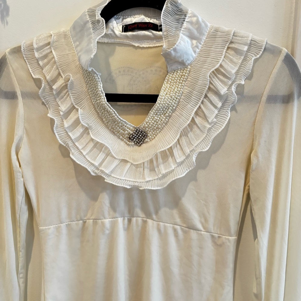 Euro Qian Wan Zi CC Angel Cream Micro Mesh Pearl Gems & Ruffle Long Sleeve L - Picture 2 of 13